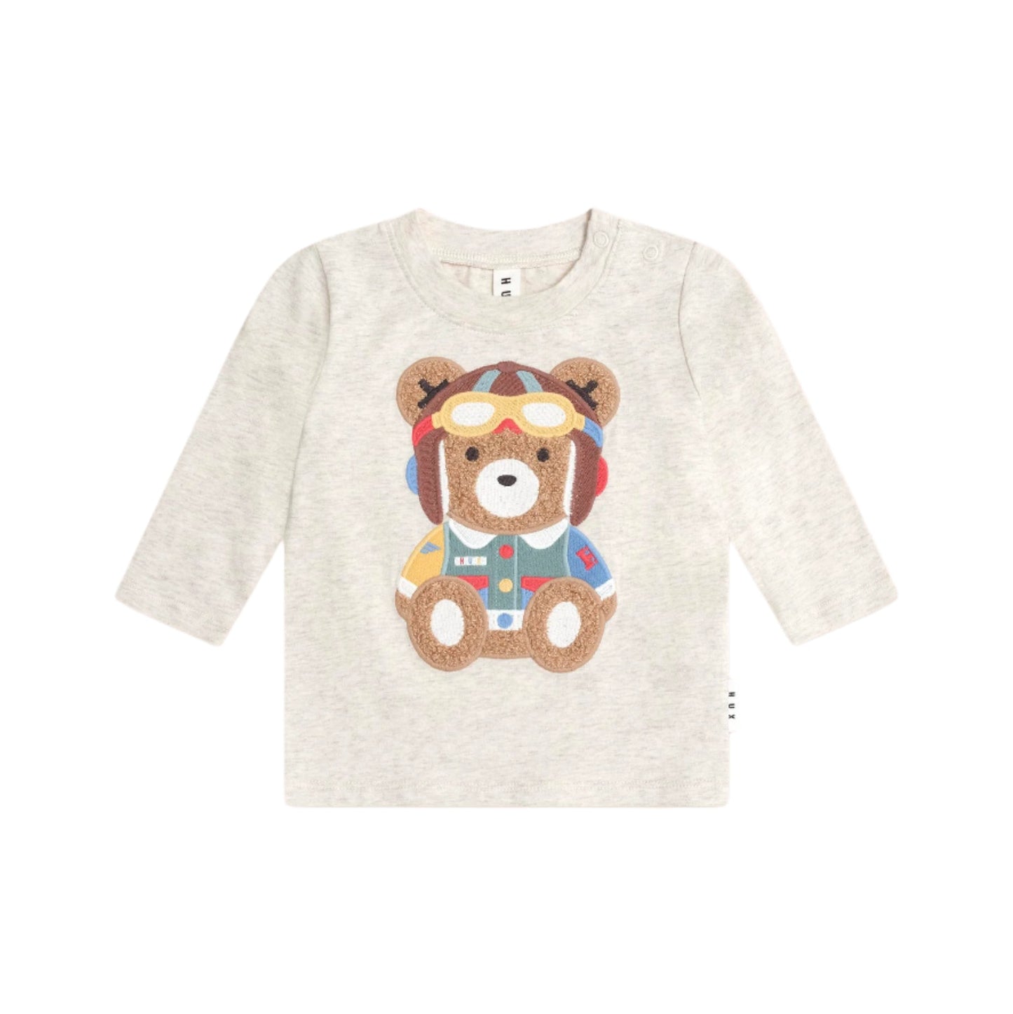 Children's long-sleeve shirt with a teddy bear design on a white background