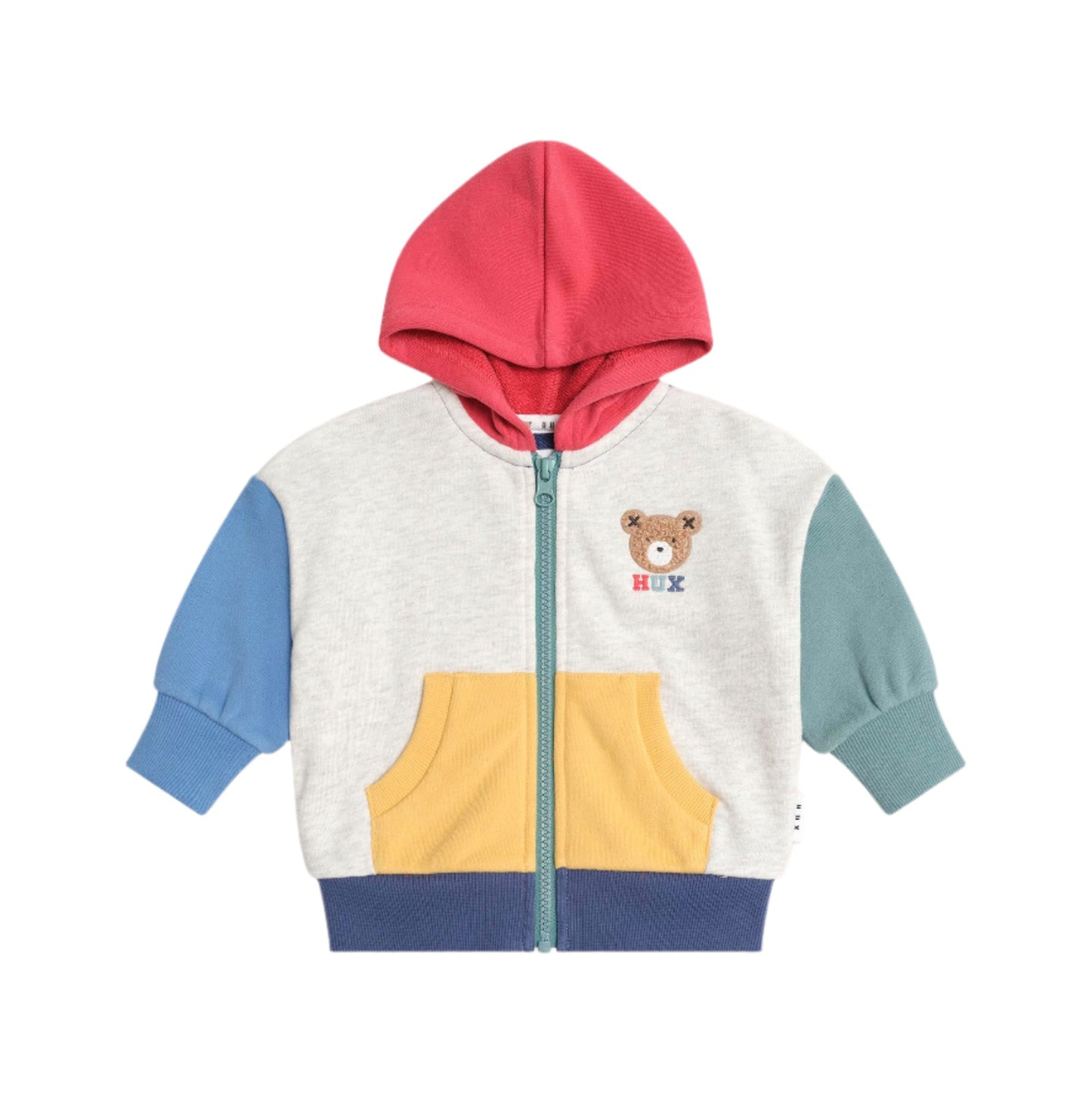 Children's multicolored hoodie with a bear design on a white background