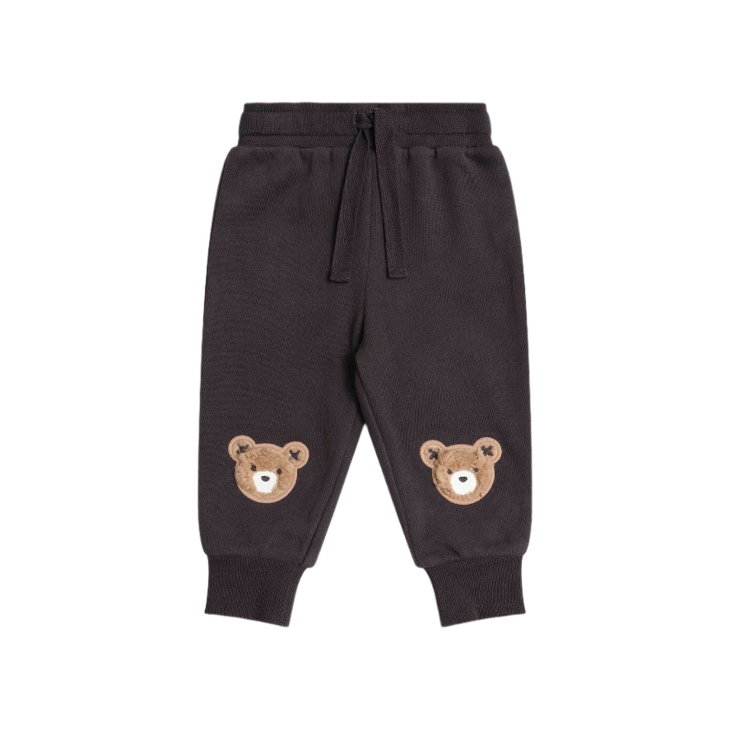 Dark gray sweatpants with bear face designs on a white background