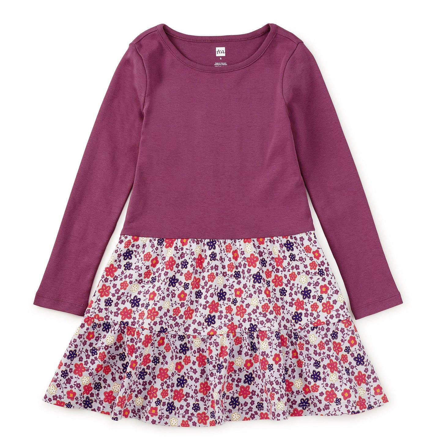 Purple dress with a floral skirt on a white background