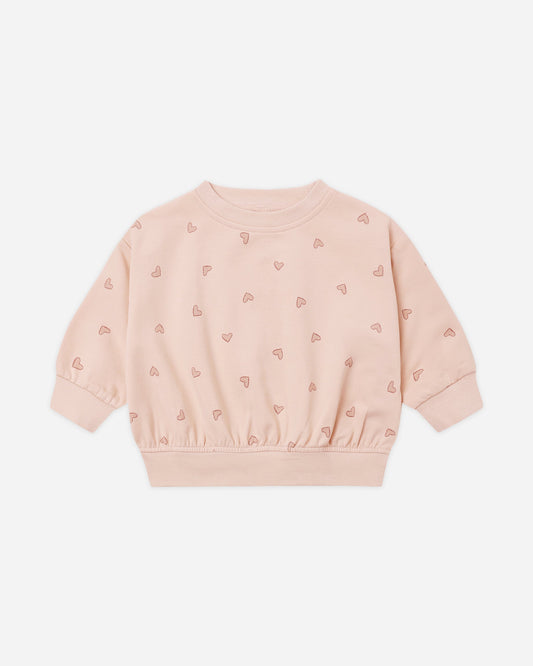 Hearts Sweatshirt flat lay - Quincy Mae organic cotton sweatshirt, hearts print