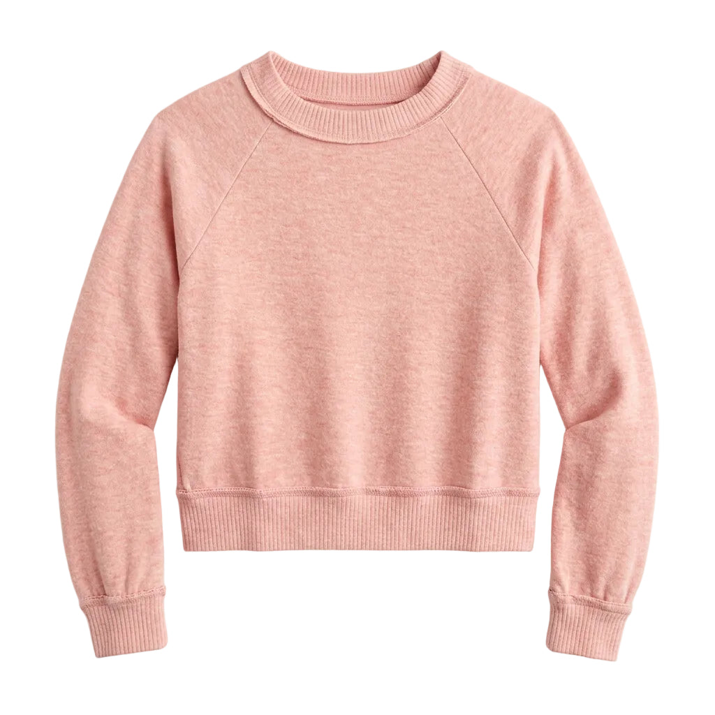 A dusty rose pink knit sweater with a crew neck and ribbed cuffs, laid flat on a white hanger against a light gray background.