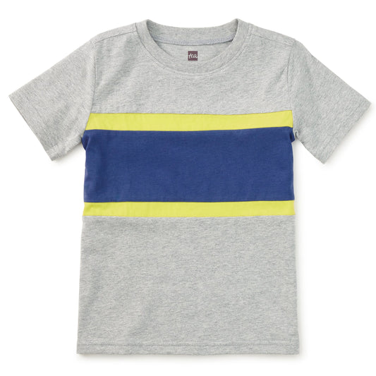 Heather gray tee with navy and citron colorblock stripe across the chest
