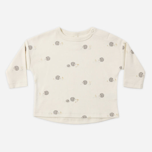 Hedgehog Tee flat lay - Quincy Mae organic cotton long sleeve tee, hedgehog print