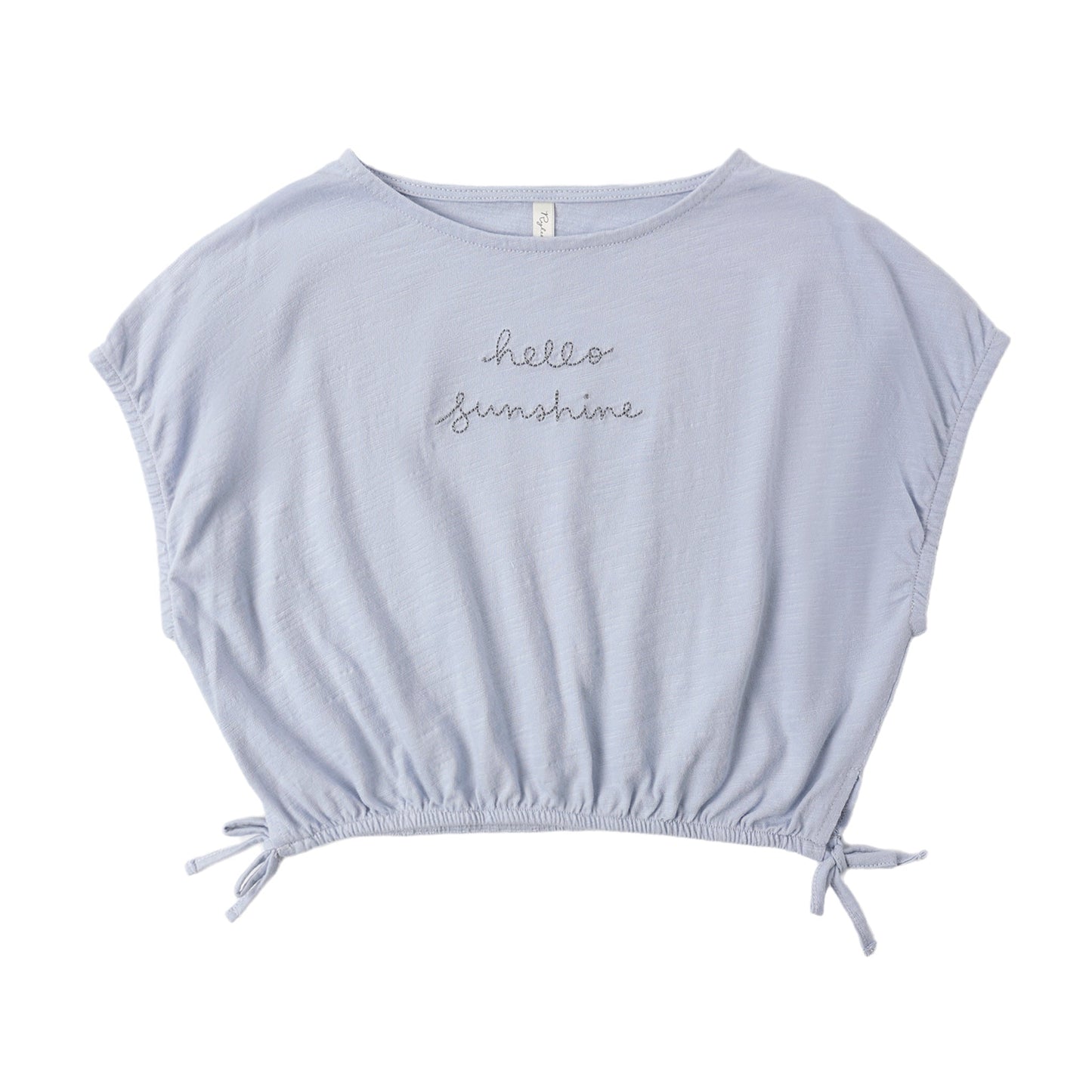 Light blue crop top with 'hello sunshine' text