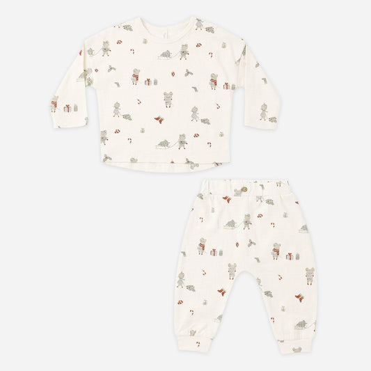 Rylee and Cru Holiday Mouse Set, a baby long sleeve tee and pant set with a mouse print