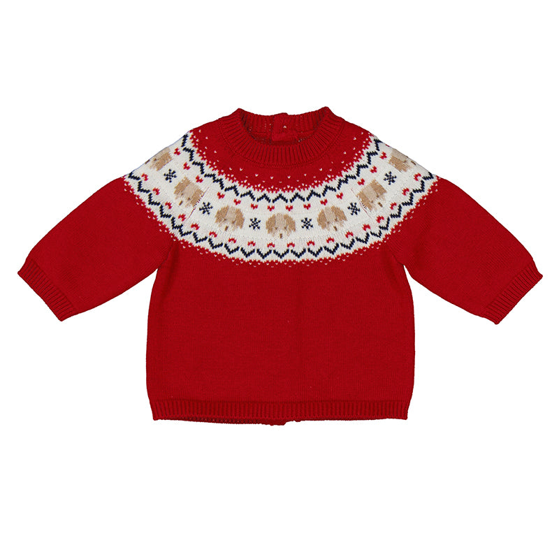 Red sweater with a patterned collar on a white background