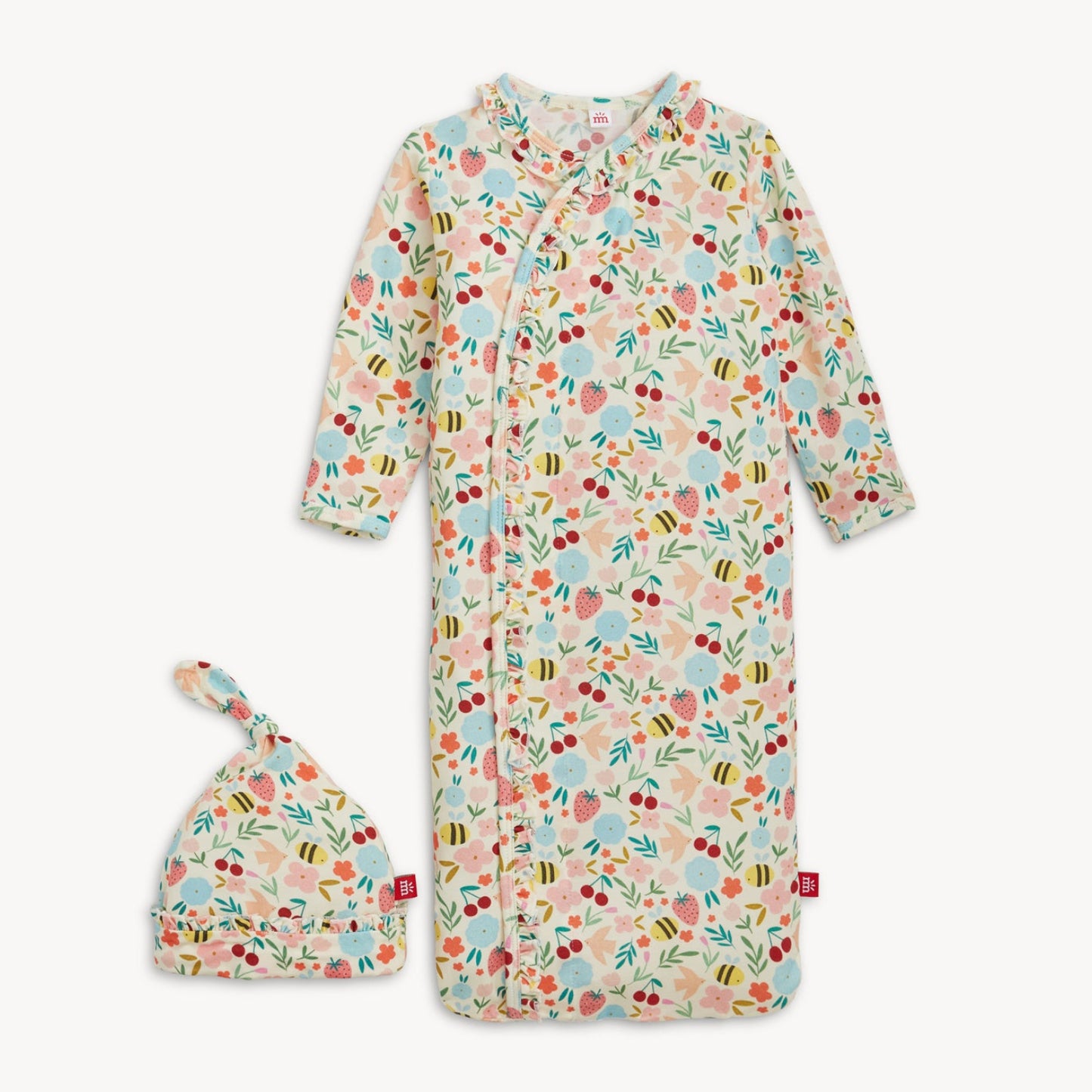 Floral-patterned baby gown and hat set