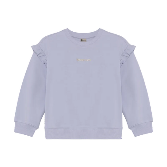 Light purple sweatshirt with ruffled shoulders and 'howdy love' embroidered on the chest.
