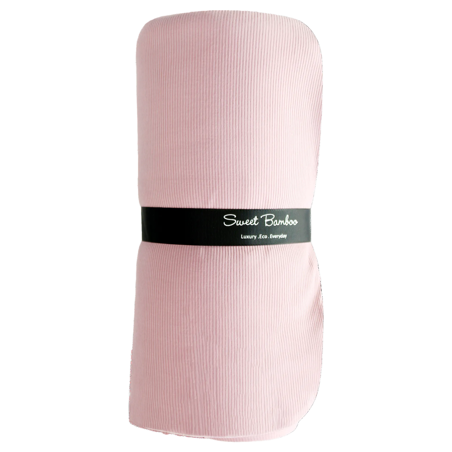 Pink fabric roll with a black label on a white background