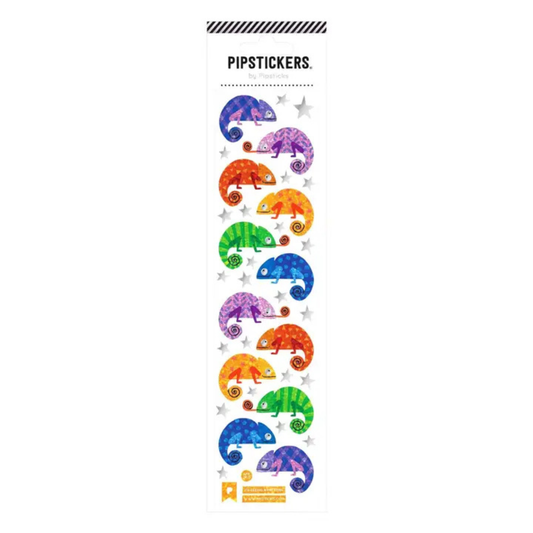Colorful glitter chameleon stickers with playful patterns