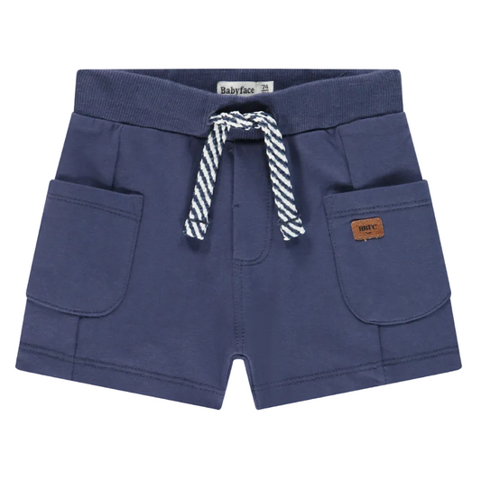 Blue shorts with a striped tie on a white background