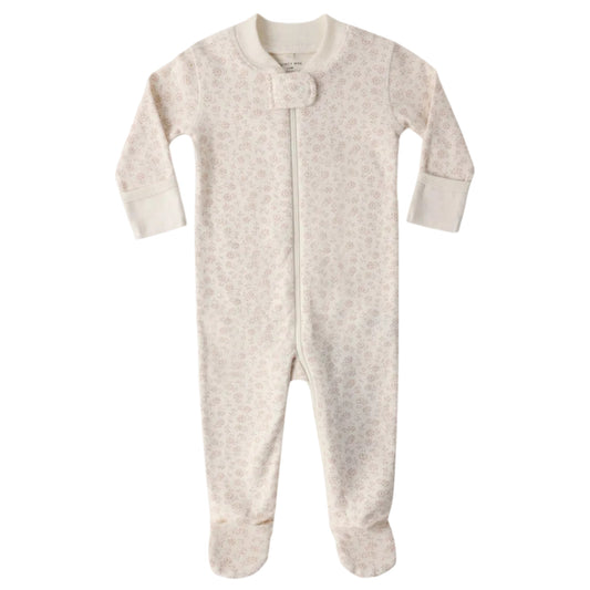 Baby footie with a subtle pink floral pattern