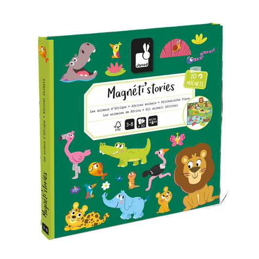 A box of Magneti' Stories African Animals toy set featuring colorful illustrations of African animals like a giraffe, monkey, crocodile, and lion on a green background.