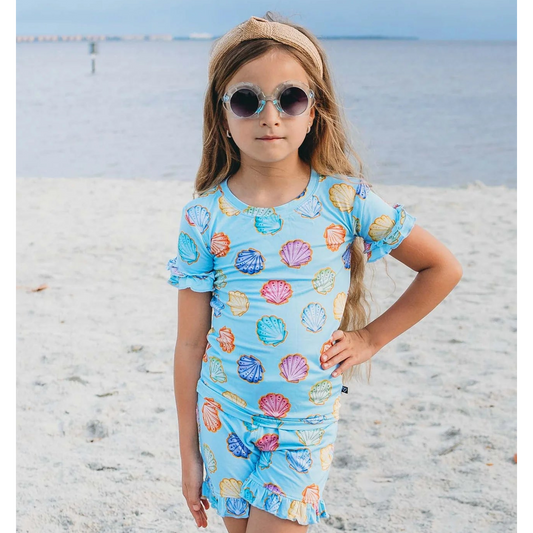 light blue seashell print short sleeve lounge set