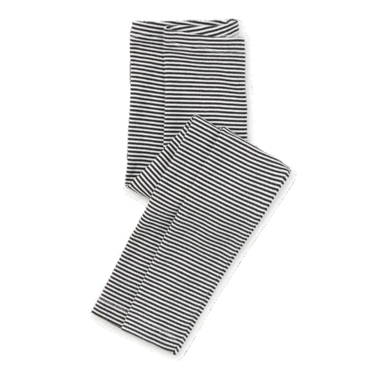 Black and white horizontally striped pants folded neatly on a white background.