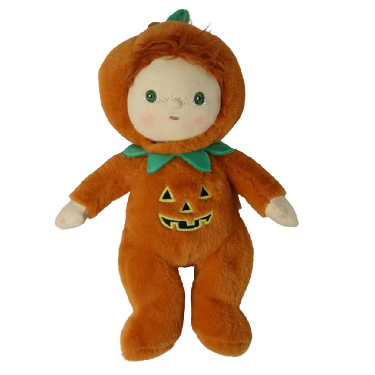 A plush Halloween doll dressed in an orange pumpkin costume with a green collar and a stitched jack-o'-lantern face on the front, isolated on a white background.