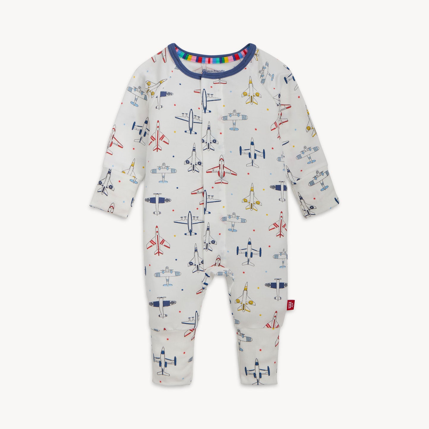 Baby romper with airplane pattern and magnetic closure