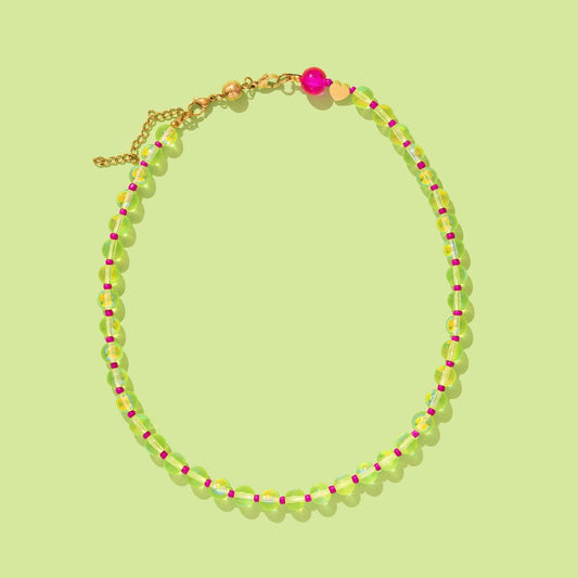 Green and pink beaded necklace with magnetic clasp