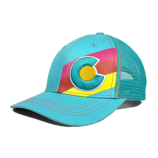Turquoise cap with colorful Colorado logo on a white background