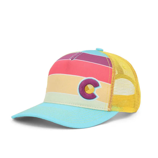 Colorful cap with a geometric pattern and a Colorado logo on a white background