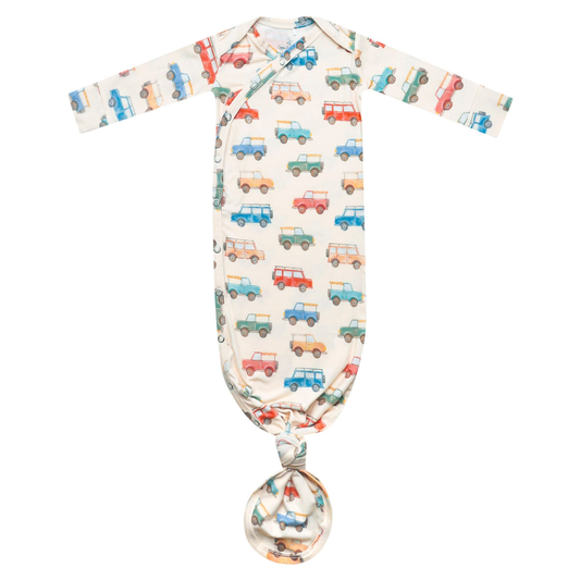 Colorful vehicle print baby gown with knotted bottom