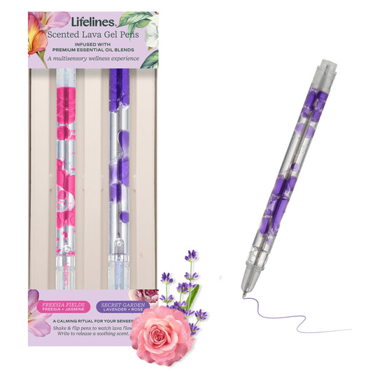 Lifelines scented lava gel pen with packaging and floral elements on a white background