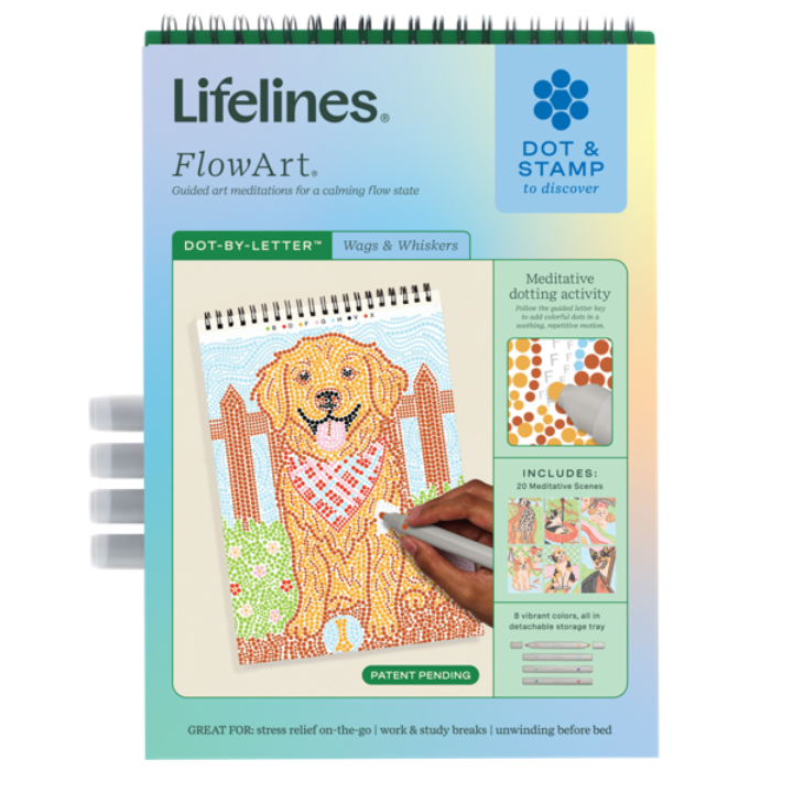 Lifelines FlowArt Dot & Stamp coloring book with a dog illustration on a white background