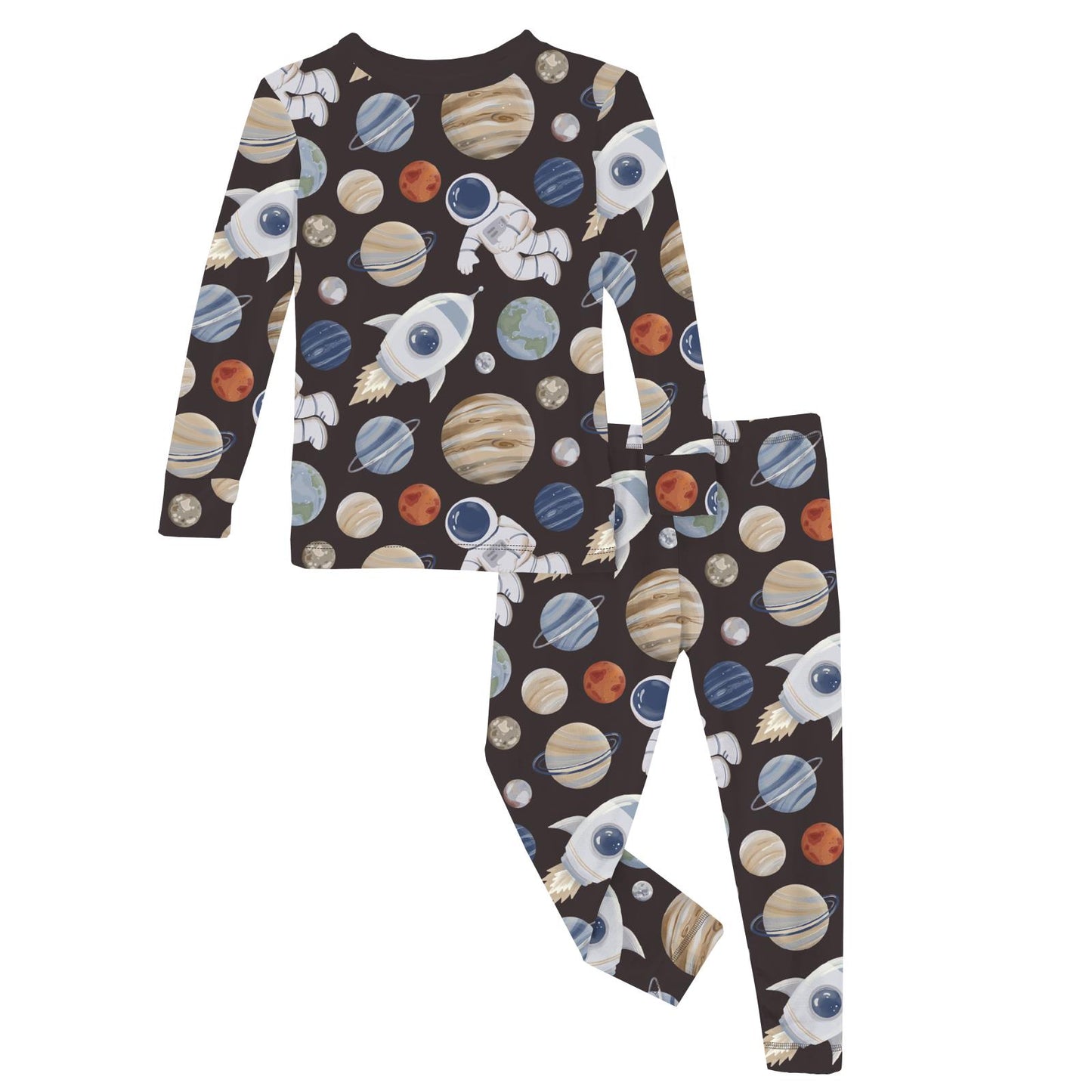 A 2-piece pajama set with a space theme, featuring planets and an astronaut on a dark background.