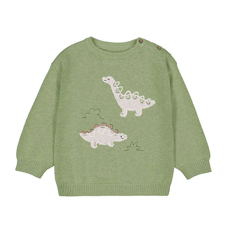 Green sweater with buttons at shoulder and applique dinosaurs for baby boys