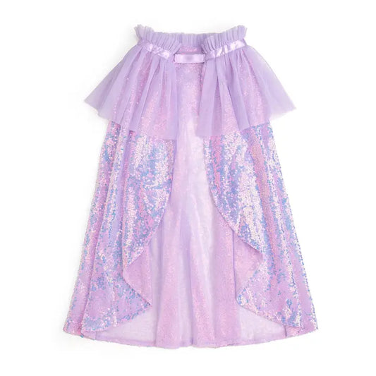 a child's lavender costume cape with irredescent purple sequins and gathered neckline.