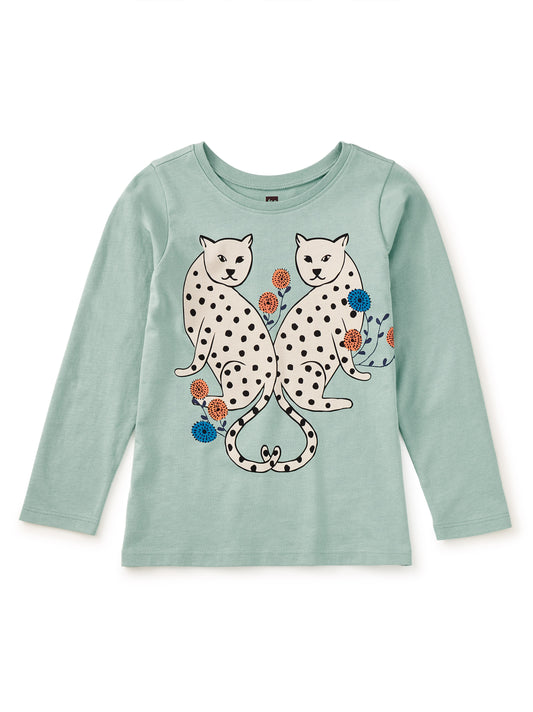 Light blue long-sleeve shirt with cheetah design on a white background