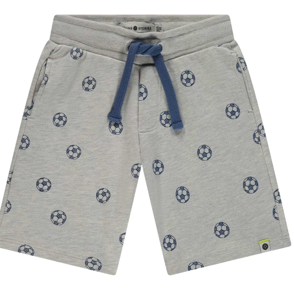 Gray shorts with soccer ball pattern and blue drawstring on a white background