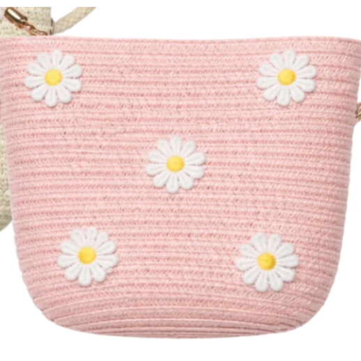 Pink woven bag with white daisy flowers