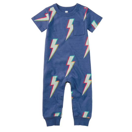 Blue romper with lightning bolt patterns on a white background