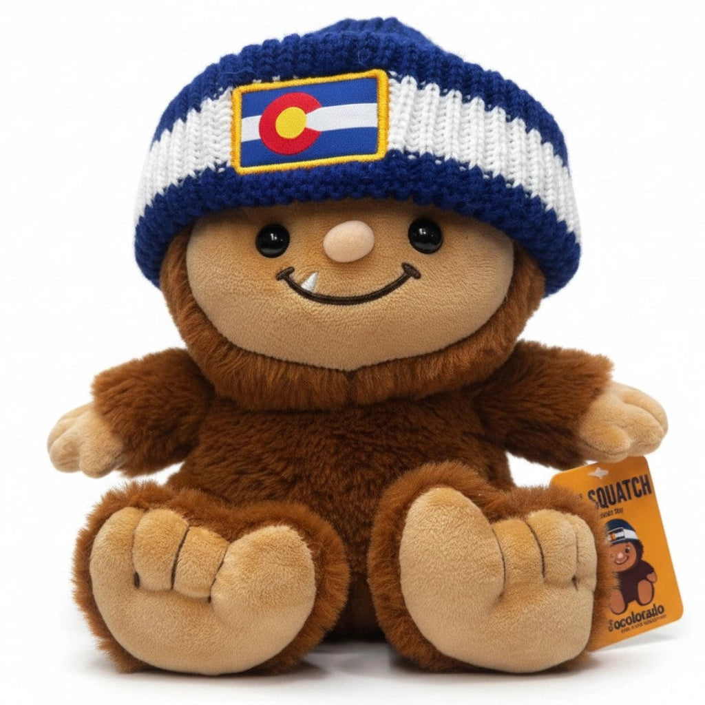 Plush toy with a Colorado flag hat on a white background