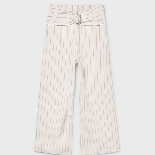 White ribbed pants with a belt on a white background