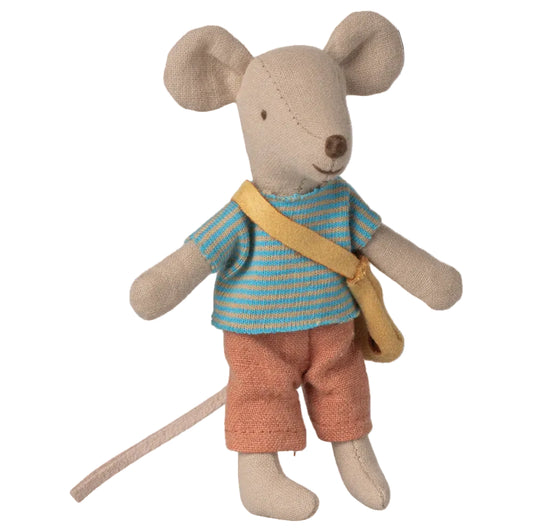 Stuffed toy mouse wearing a striped shirt and orange pants on a white background