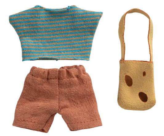 Knitted blue and orange top, brown shorts, and a brown bag with spots on a white background