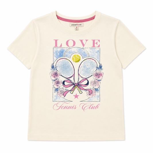 White t-shirt with tennis-themed design featuring 'LOVE Tennis Club' on a white background