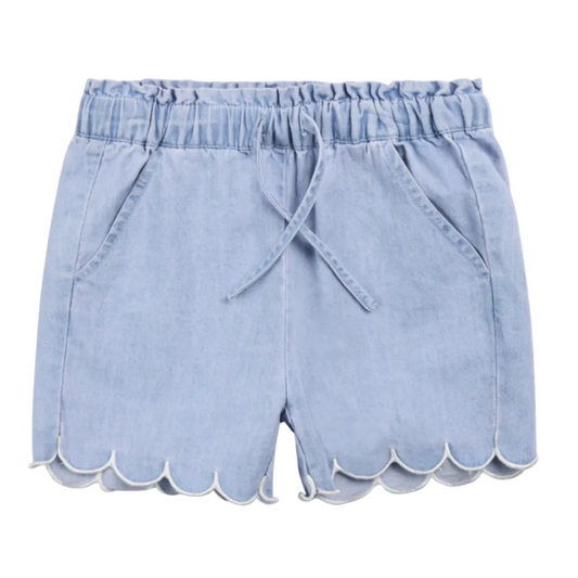 Light blue denim shorts with scalloped hem