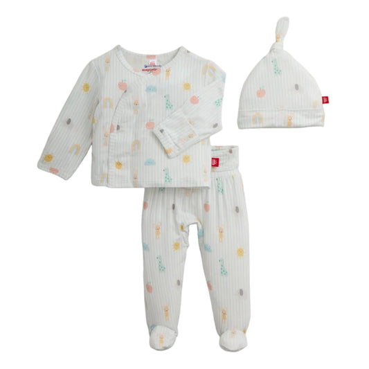 Baby outfit set with kimono top, footed pants, and hat