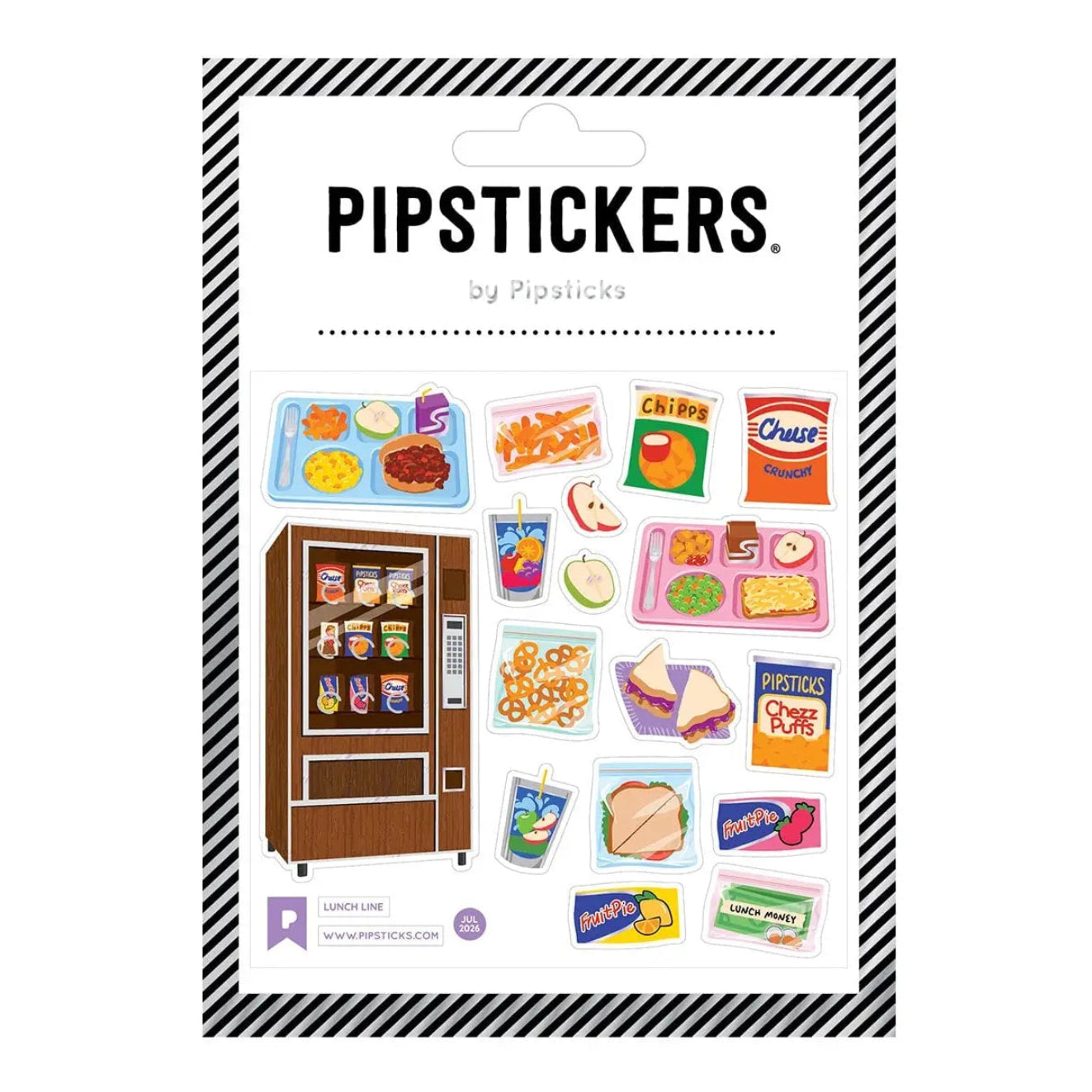 A package of PIPSTICKERS by Pipsticks lunchline stickers, featuring various food and vending machine illustrations on a white card with a black and white striped border.