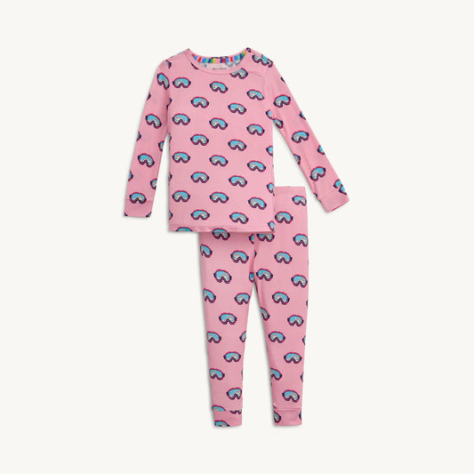Pink pajama set with blue heart patterns on a white background