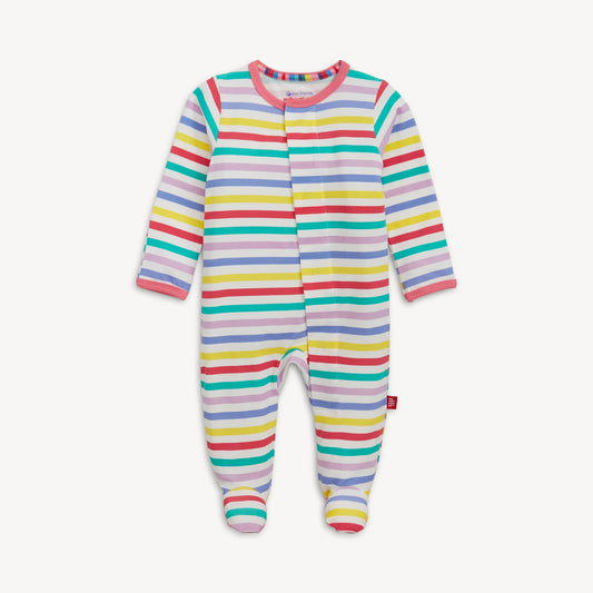 Multicolored striped baby onesie on a white background