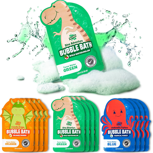 Colorful character-themed kids bubble bath pouches in assorted designs.