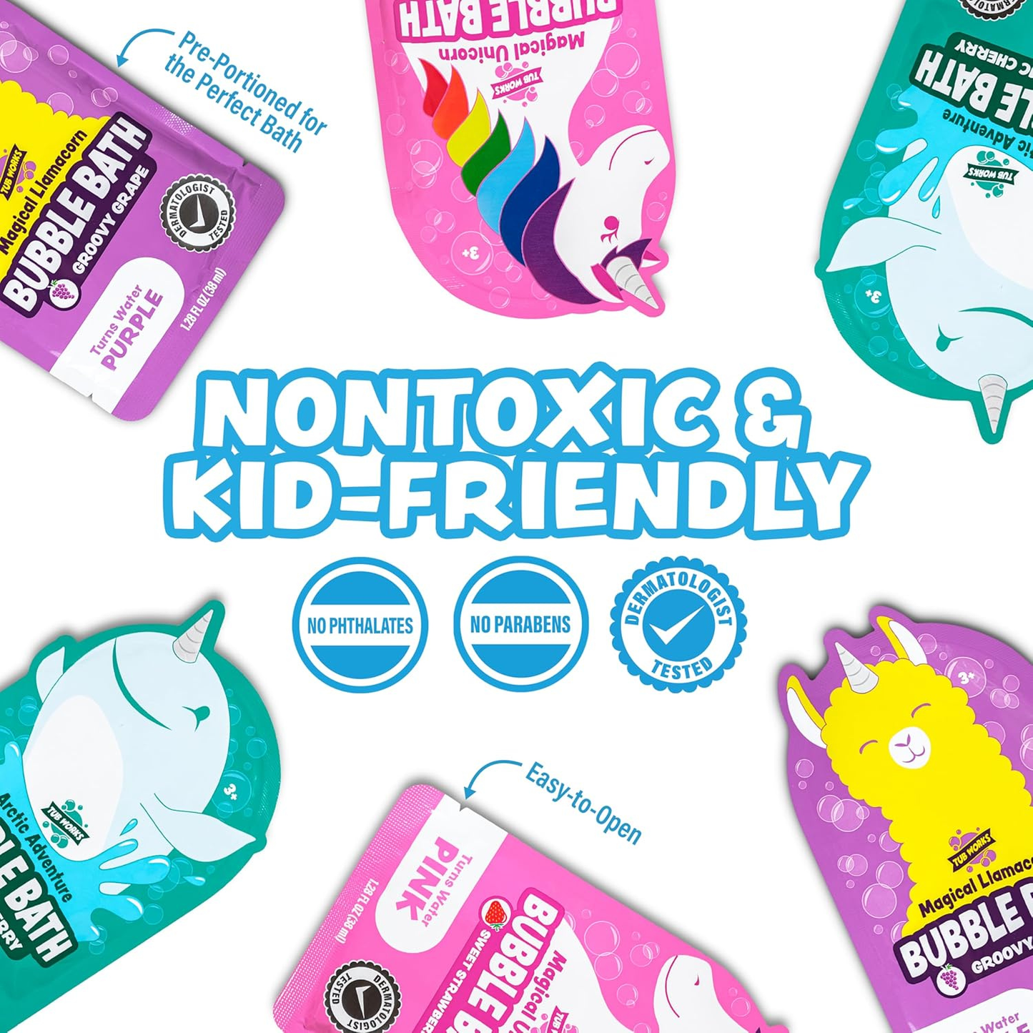 Colorful character-themed kids bubble bath pouches in assorted designs.