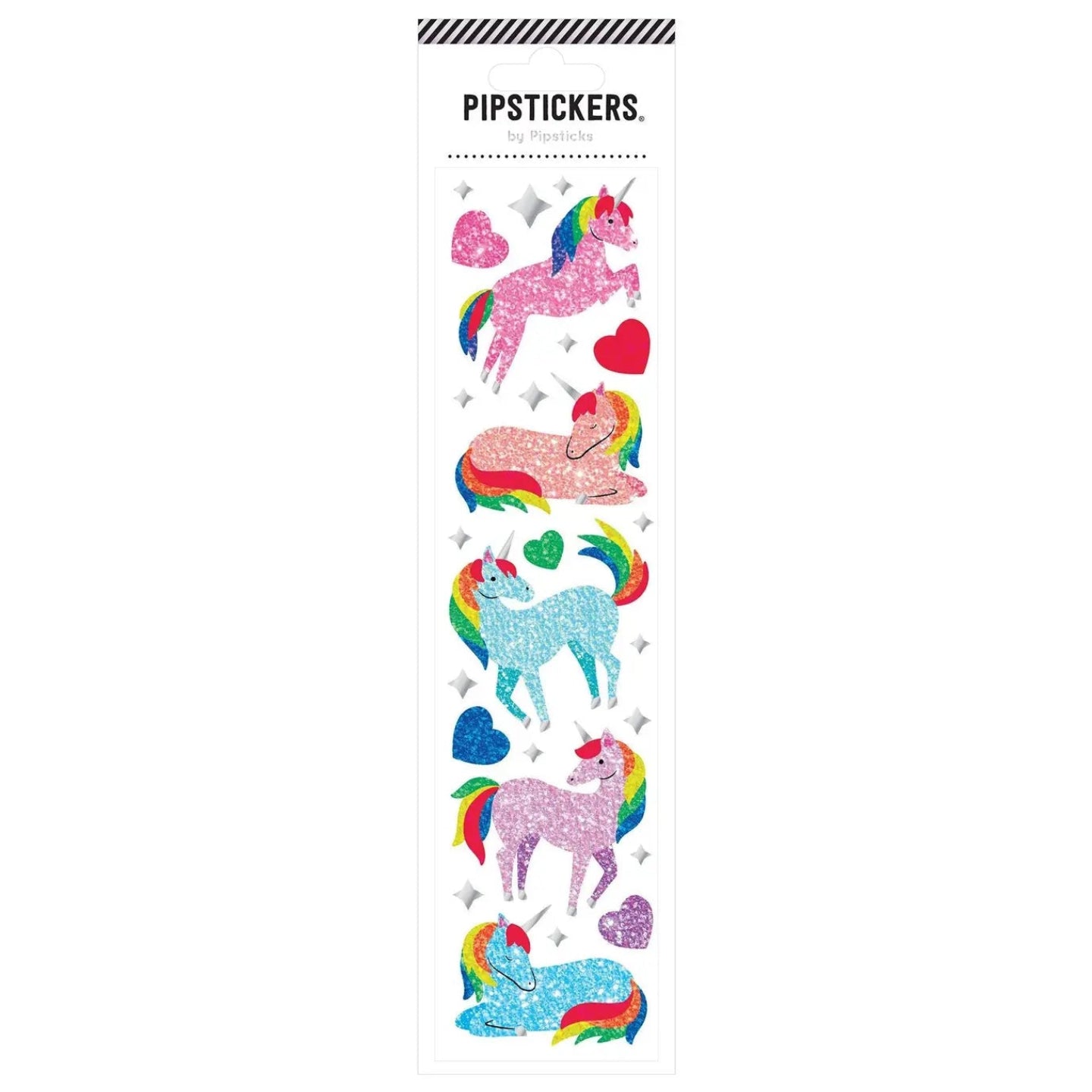A sheet of glittery unicorn and heart stickers on a white background, with the brand name 'PIPSSTICKERS.' printed at the top.