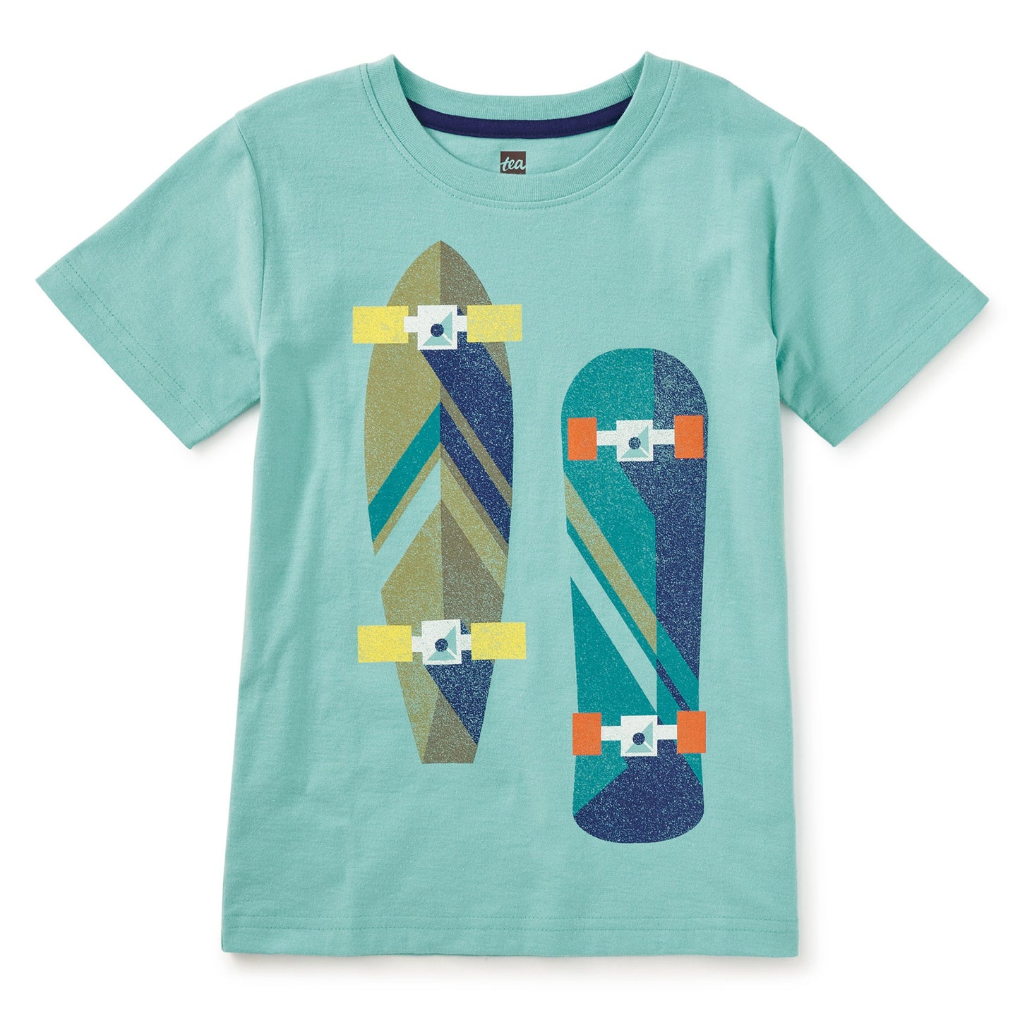 Skateboard graphic on blue t-shirt