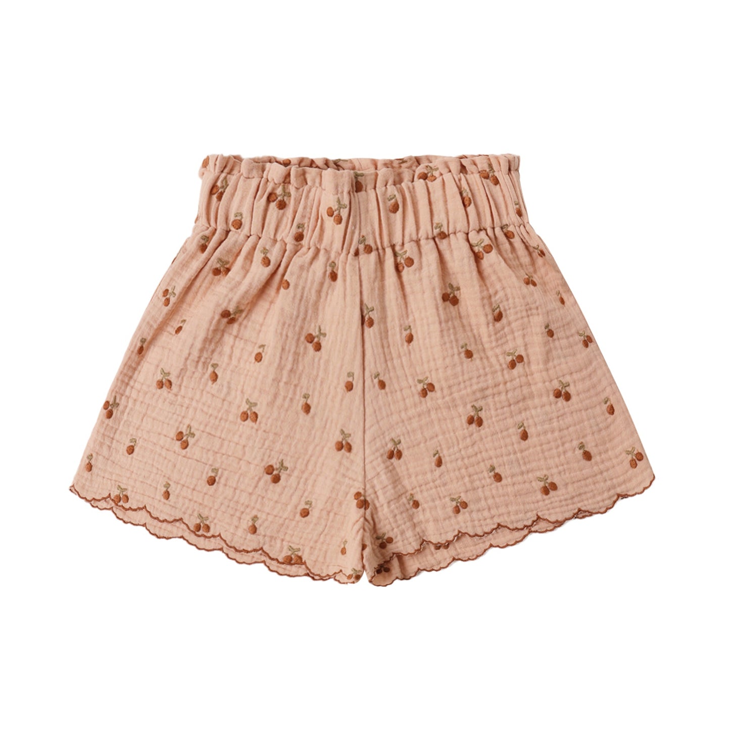 Pink shorts with a subtle pattern and scalloped trim.